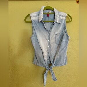 Chambray Sleeveless Tie Front Pearl Snap Top